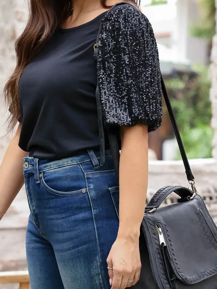 Sequin Bubble Sleeves Round Neck T-shirt