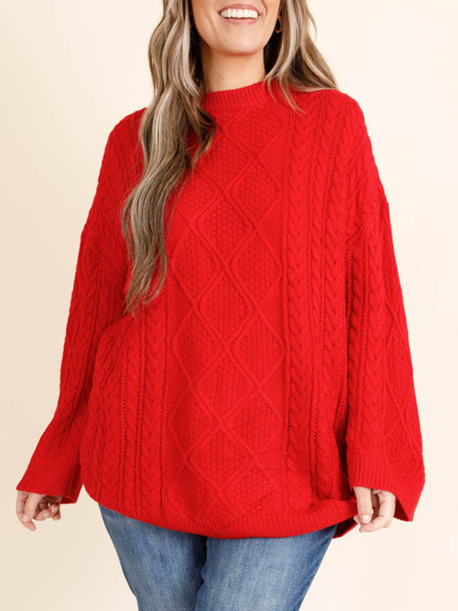 Red jacquard pattern loose knit sweater