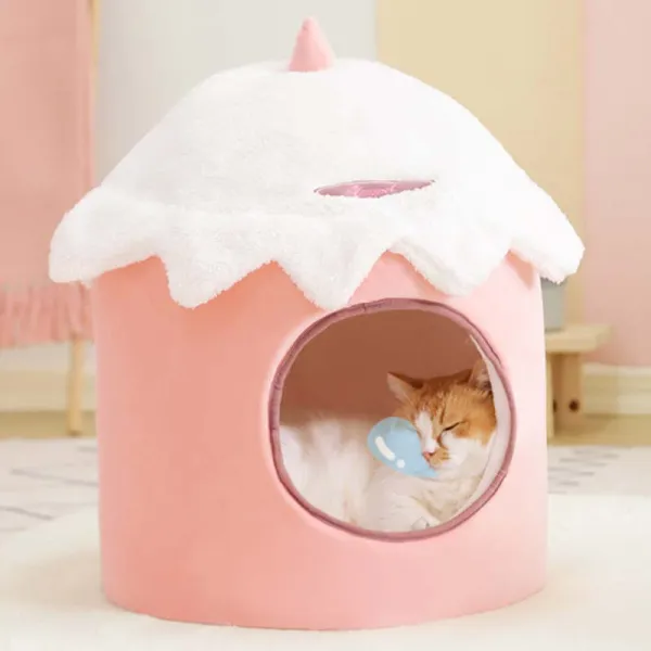 Pink Ice Cream & Rabbit Semi-Enclosed Cat Cave Bed