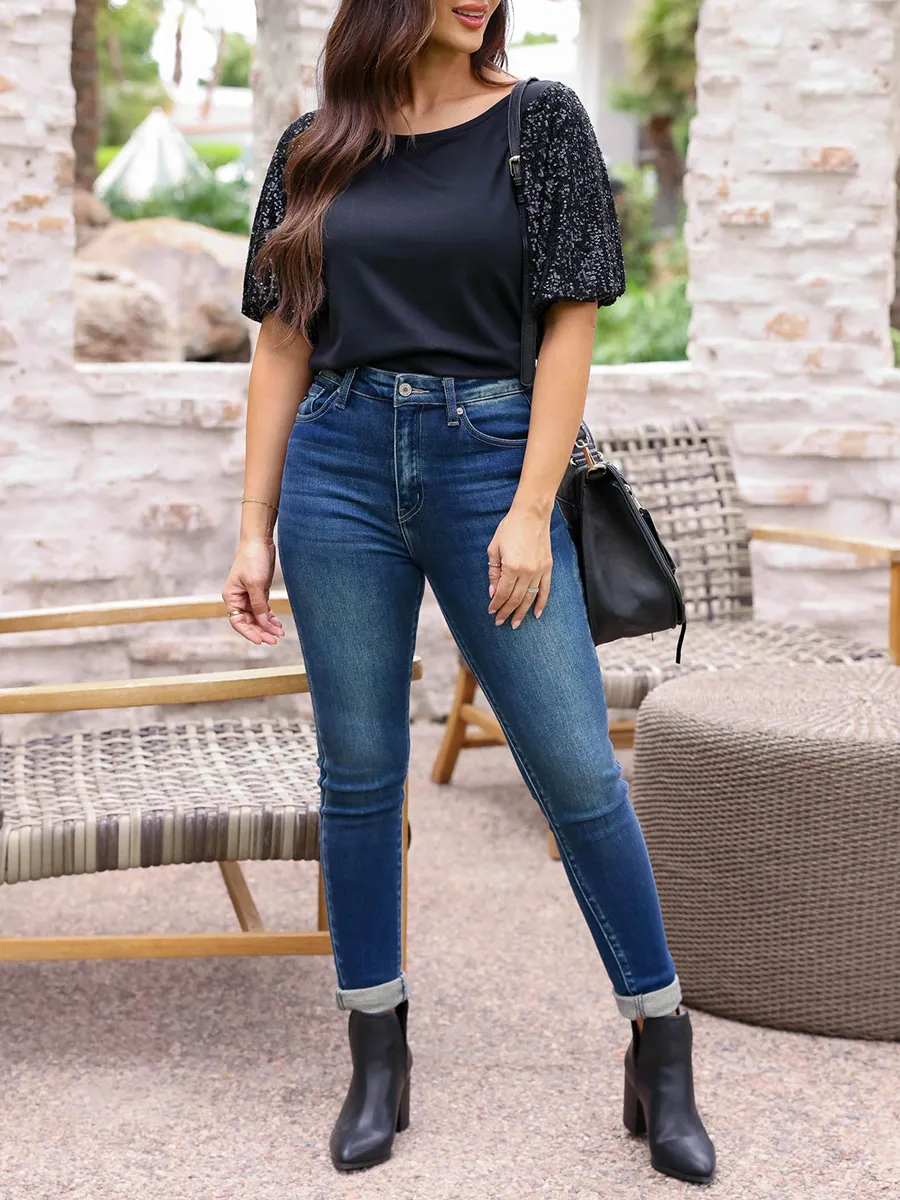 Sequin Bubble Sleeves Round Neck T-shirt