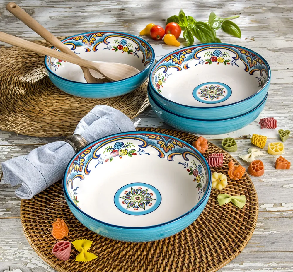 Euro Ceramica Zanzibar Double Bowl 16-Piece Dinnerware Set | Fine Kitchenware | Floral Multicolor Design Stoneware Tableware Service For 4