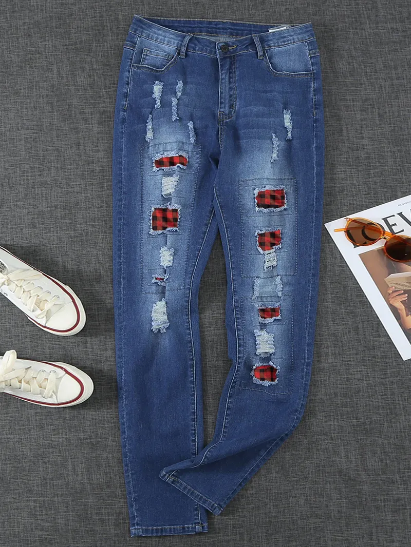 Women's vintage plaid patchwork jeans