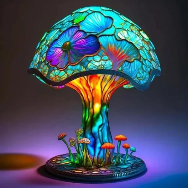 (Store Closing Sale) Mushroom Table Lamp, Hight Stained Glass Plant Series Night Light, Bohemian Resin Mushroom Decorative Bedside Lamp for Bedroom Living Room Home Office Decor Gift