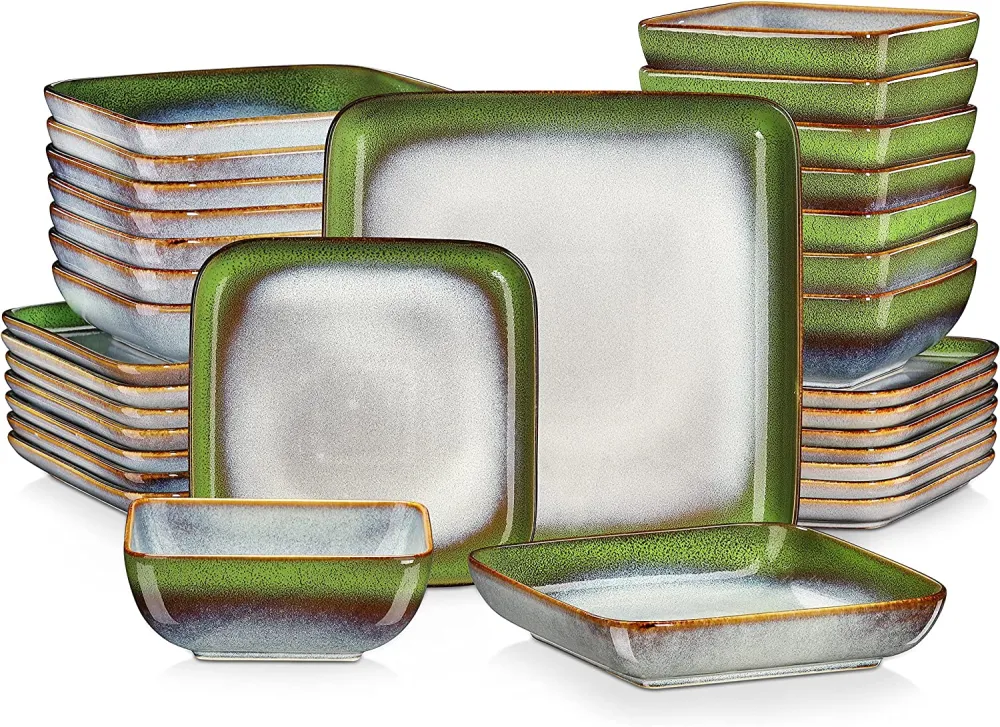 vancasso Stern Green-Blue Dinner Set- Square Reactive Glaze Tableware- 32 Pieces Kitchen Dinnerware Stoneware Crockery Set with Dinner Plate, Dessert Plate, Bowl and Soup Plate Service for 8