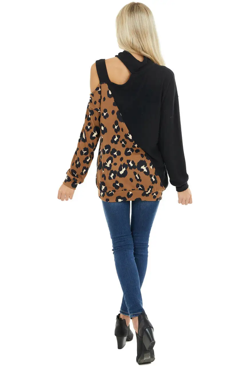 Black and Leopard Print Knit Top with Shoulder Cutout Detail