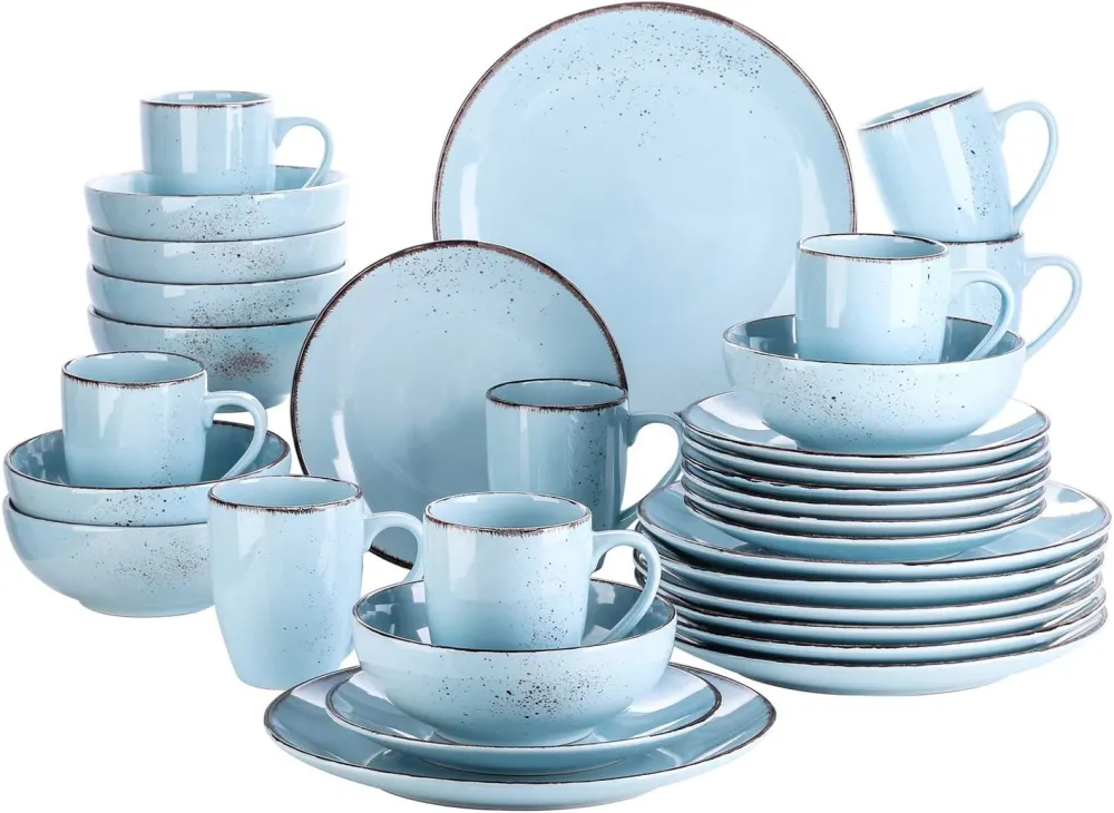 vancasso Navia Ceramic Dinnerware Set, 48 pieces Set of 12 Stoneware Spray Spot Patterned Service Dish with Dinner Plates, Salad Plates, Bowls, Mugs - Grey