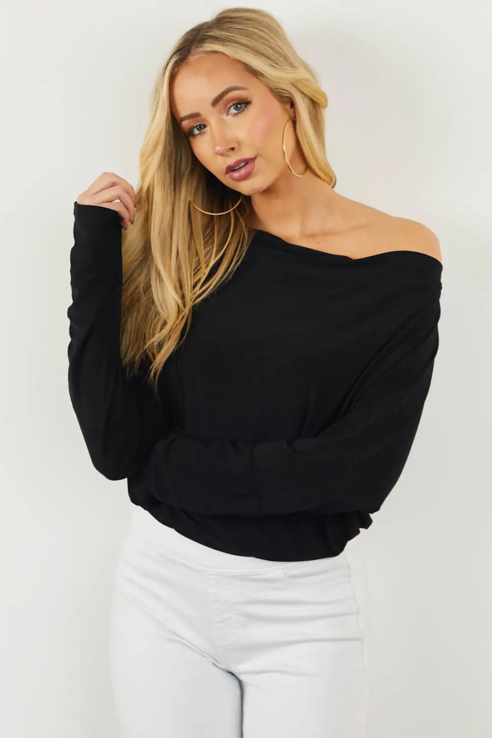 Black Cowl Neck Thumb Hole Silky Knit Top