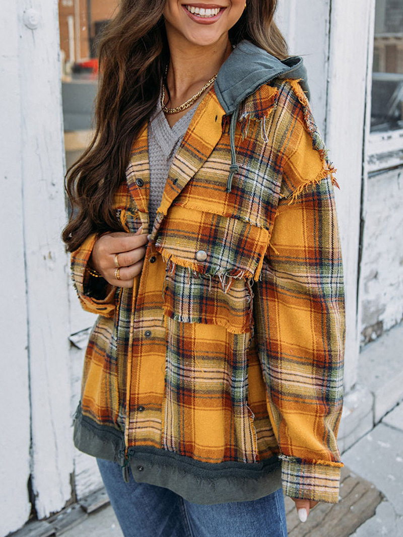 Orange Plaid Patch Hooded Frayed Snap Button Jacket
