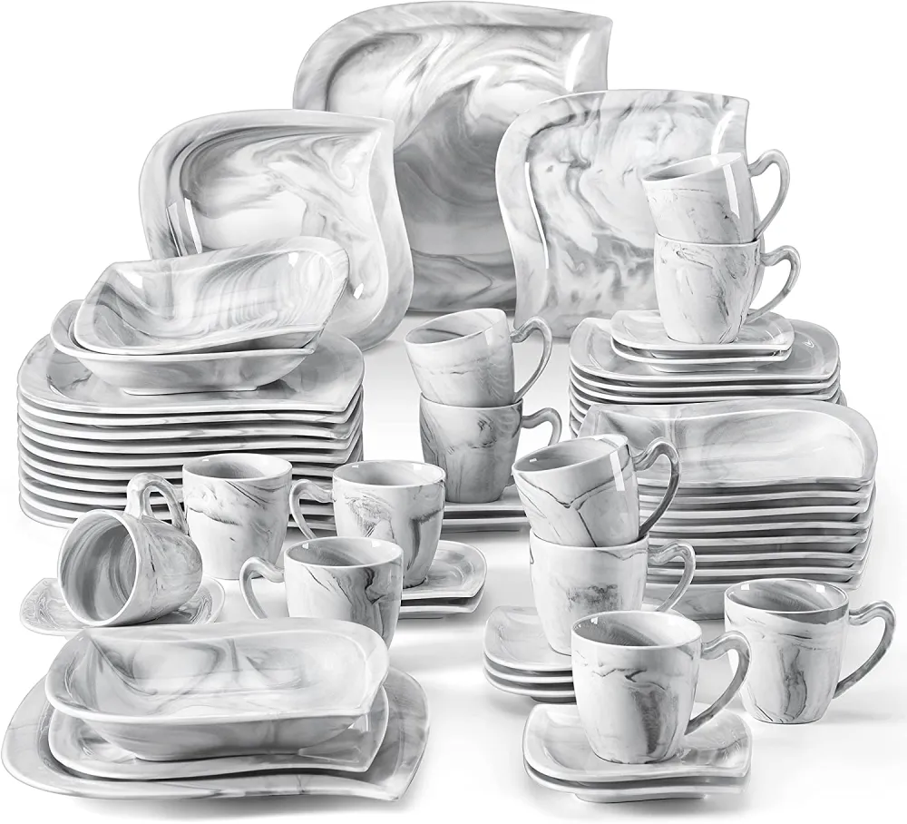 MALACASA Dish Set for 12, 60 Piece Marble Grey Square Dinnerware Sets, Porcelain Dinner Set with Plates and Bowls Sets, Cups and Saucers, Dishware Sets Kitchen Dishes Microwave Safe, Series Blance