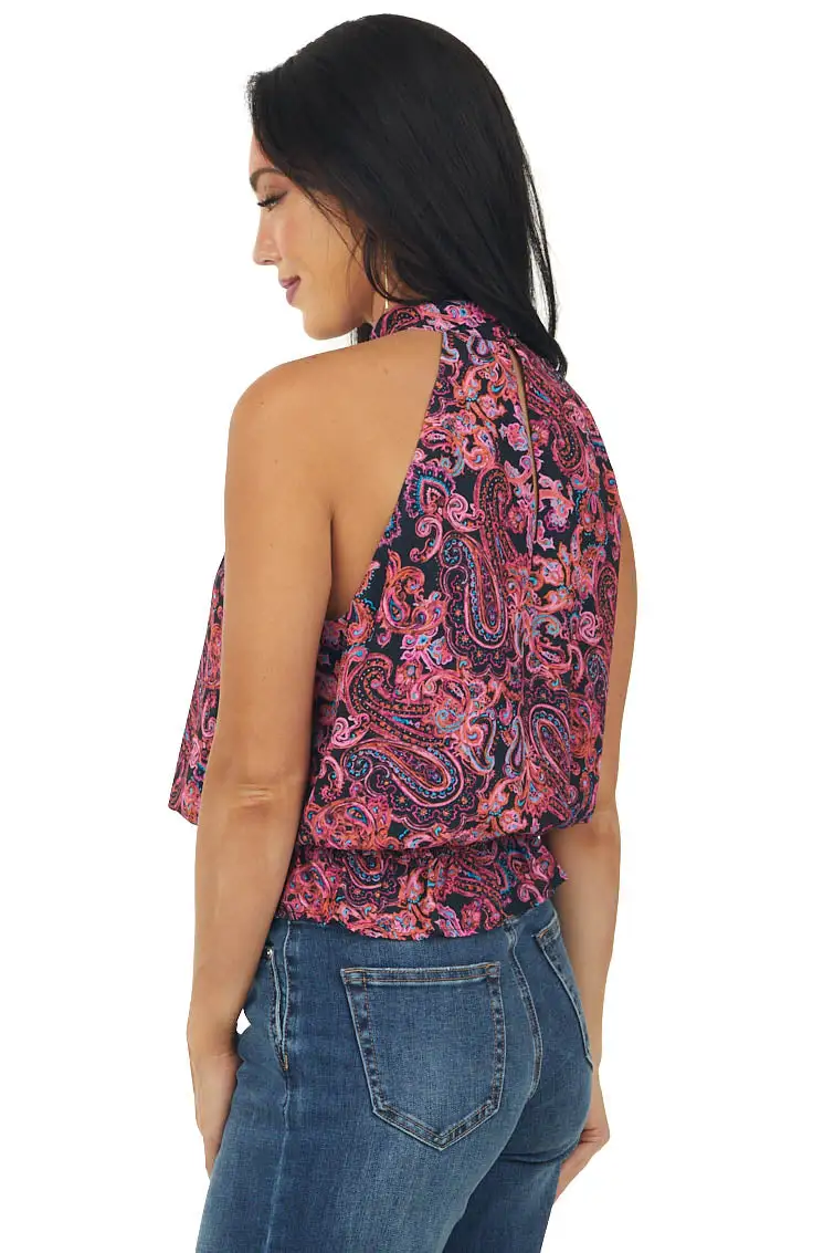 Black and Punch Paisley Halter Neck Blouse