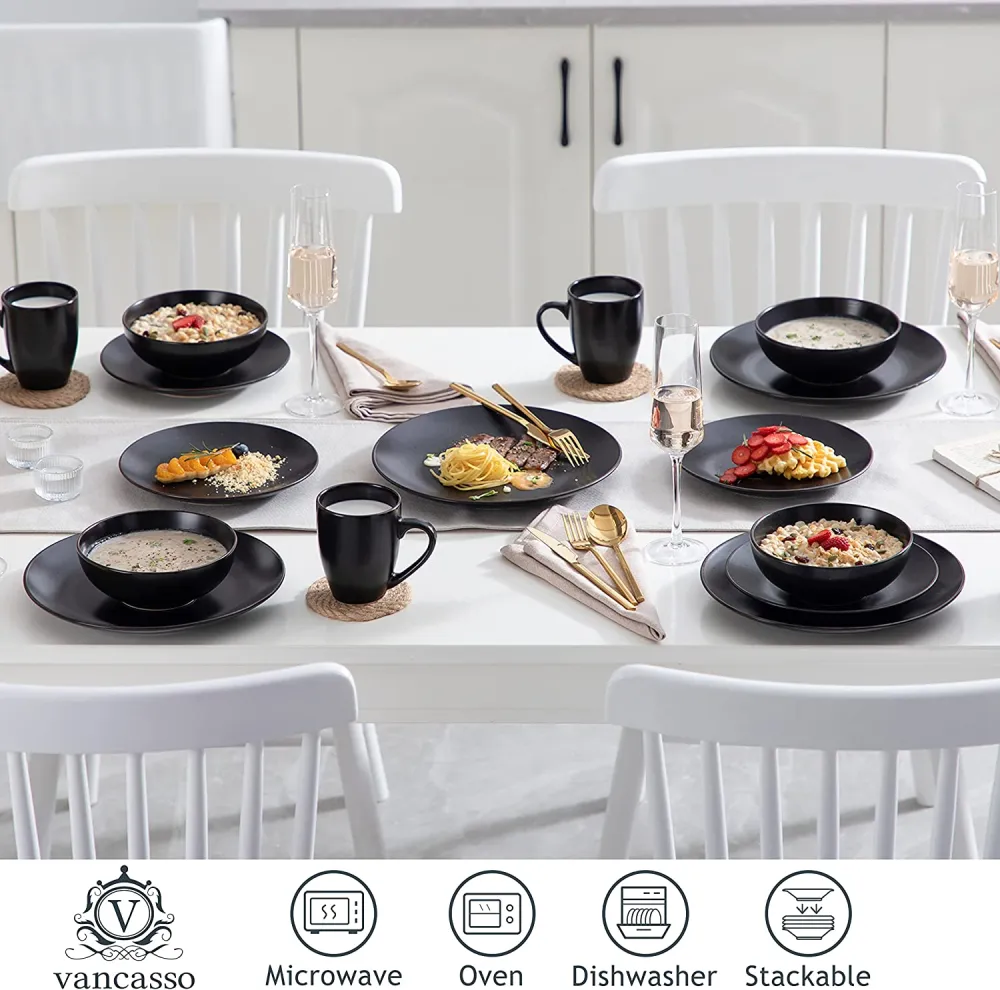 vancasso Navia Ceramic Dinnerware Set, 48 pieces Set of 12 Stoneware Spray Spot Patterned Service Dish with Dinner Plates, Salad Plates, Bowls, Mugs - Grey