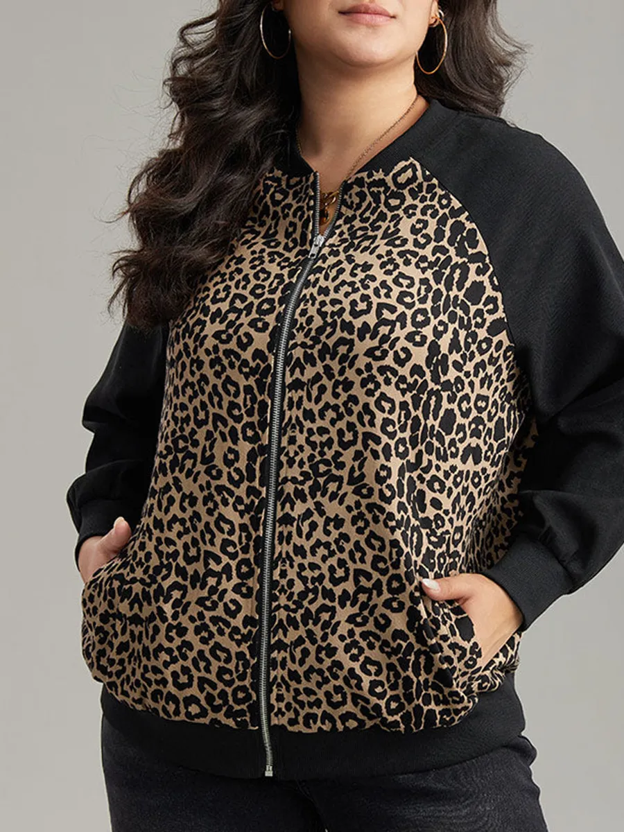 Plus-size women's elegant leopard-print patchwork coat