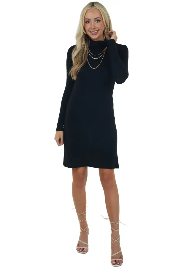 Black Brushed Knit Turtleneck Dress with Long Sleeves