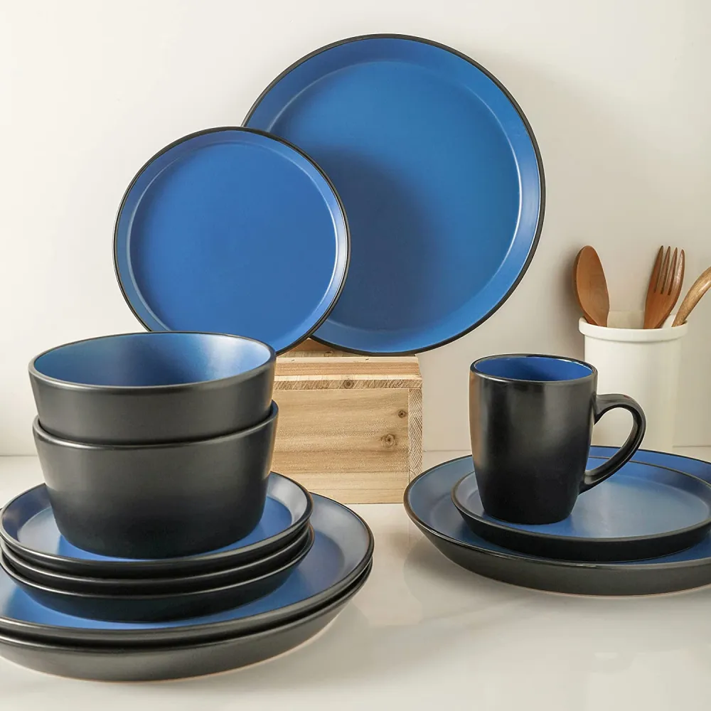 Stone Lain 32 Piece Glazed Stoneware Dinnerware Set, Service 8, Blue and Black