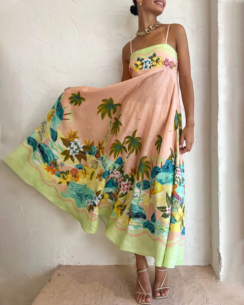Summer High Waist Sling Print Casual Holiday Dress
