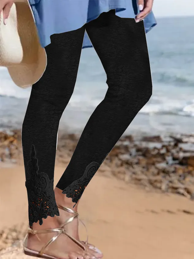 Casual Plain Lace Edge Natural Ankle Pants Legging