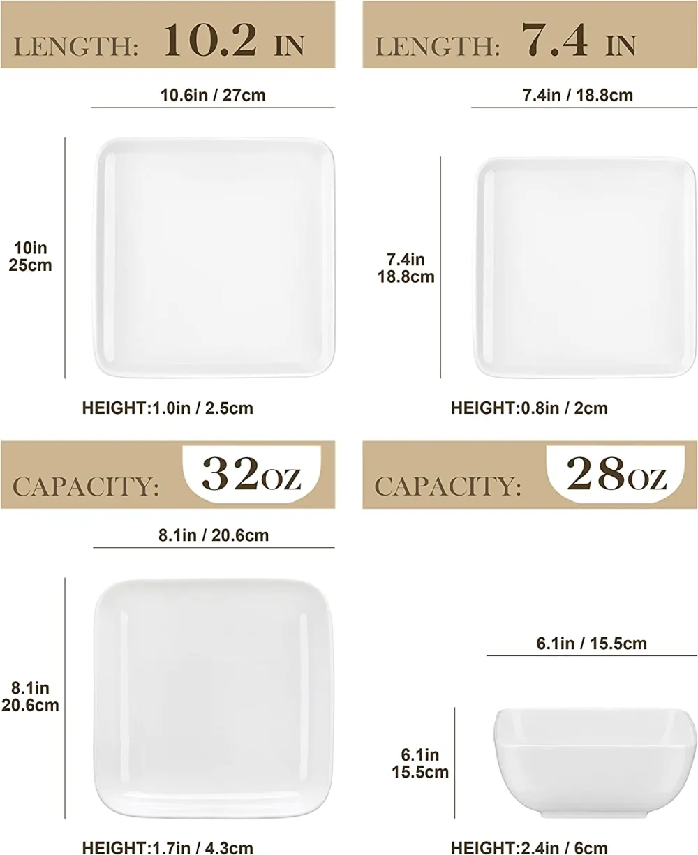MALACASA Dishes Set for 12, Marble Grey Square Dinnerware Sets, 48 Piece Porcelain Plates and Bowls Sets with Dinner Plates, Dessert Plates, Soup Plates and Cereal Bowls, Series IVY
