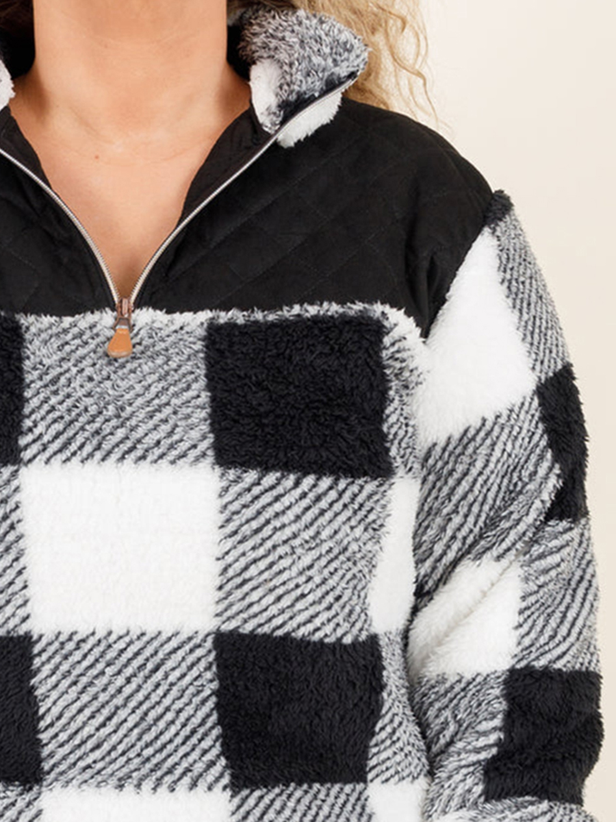 Black and white plaid patchwork zippered hoodie