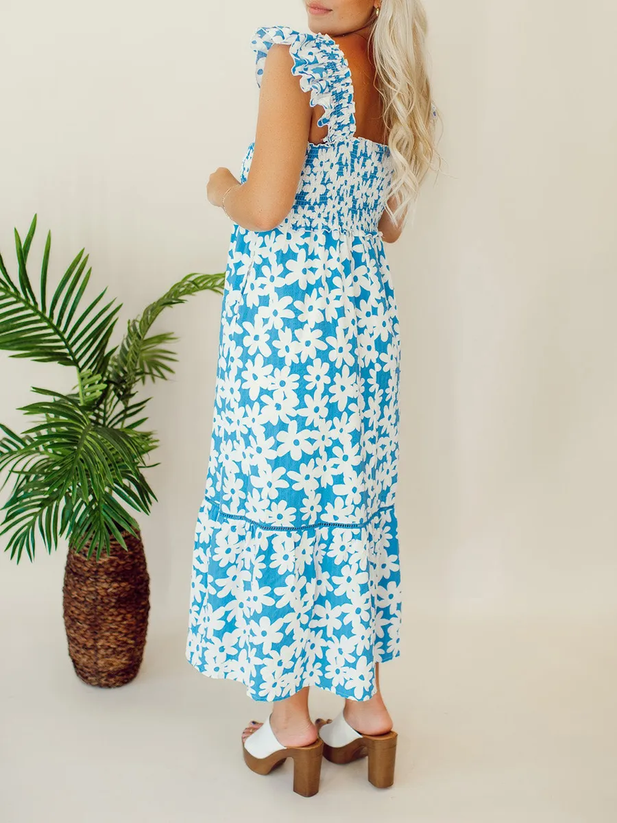Blue floral pleated mid length dress