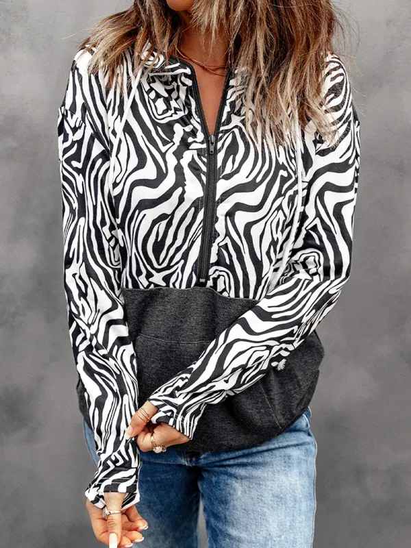 Casual zebra print patchwork zipper sweatshirt