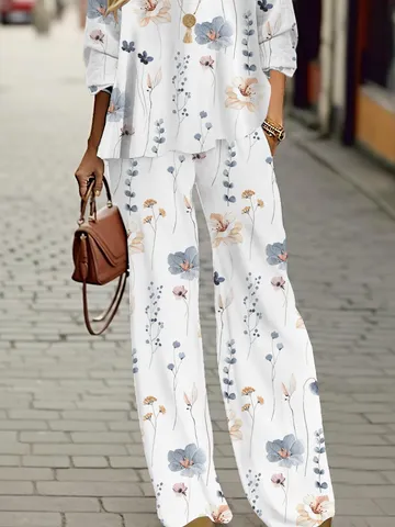Women Floral Crew Neck Long Sleeve Comfy Casual Top With Pants Two-Piece Set