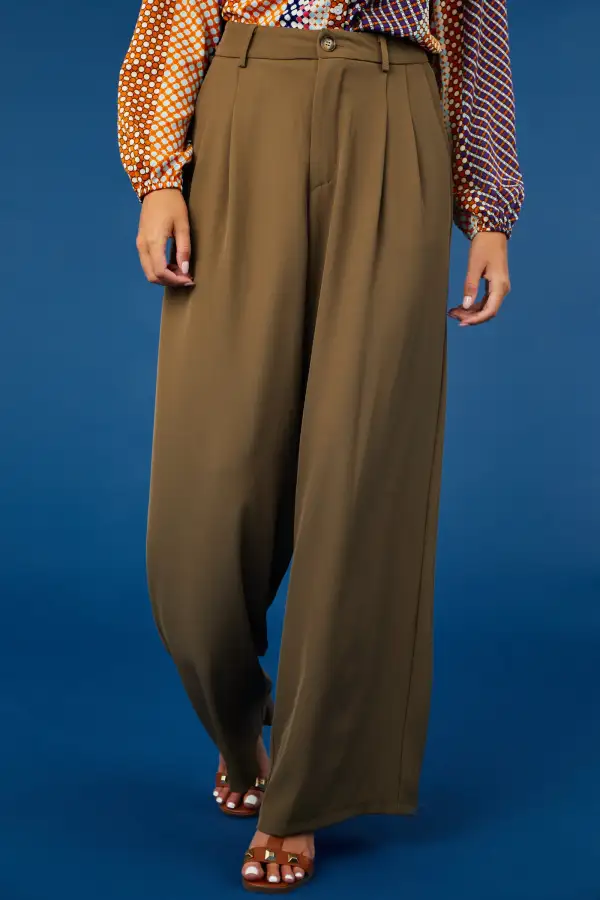 Army Green Pleated High Rise Wide Leg Woven Pants