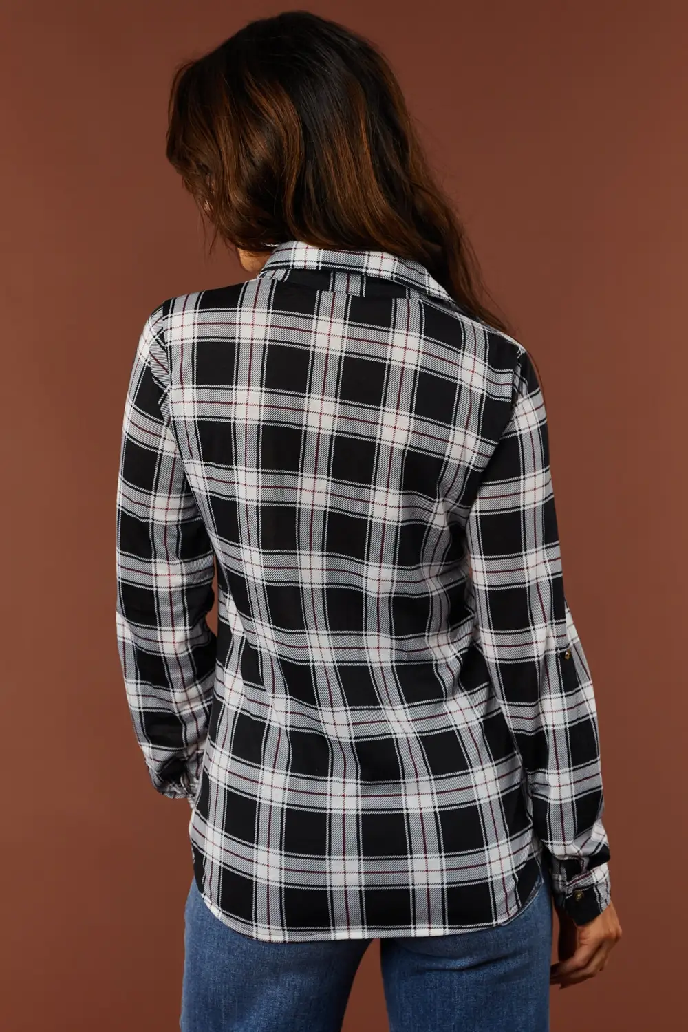 Black and Maroon Plaid Top with Chest Pocket