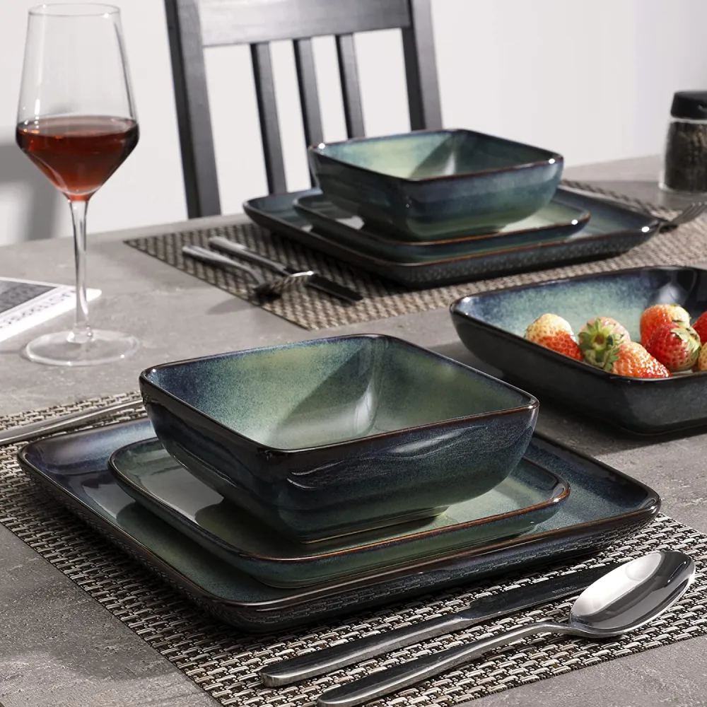 vancasso Stern Green-Blue Dinner Set- Square Reactive Glaze Tableware- 32 Pieces Kitchen Dinnerware Stoneware Crockery Set with Dinner Plate, Dessert Plate, Bowl and Soup Plate Service for 8