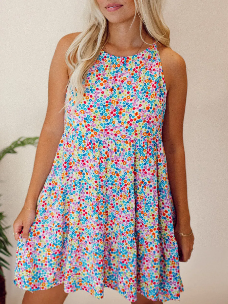 Floral patterned lace up hollowed out dress