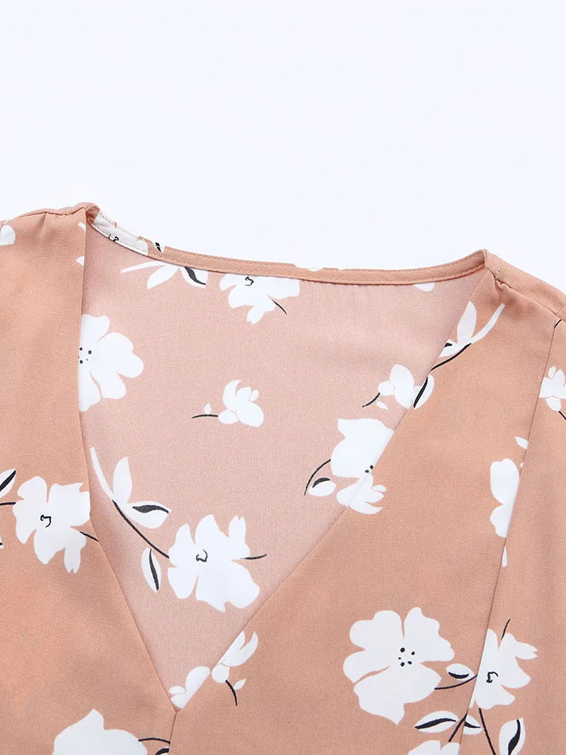 Khaki V Neck Floral Babydoll Dress with Pockets