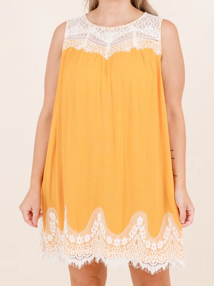 Yellow patchwork lace fabric dress