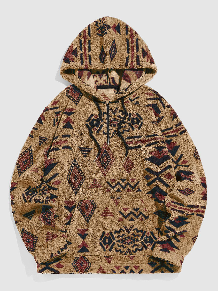 Quarter-zip pocket tribal print hoodie