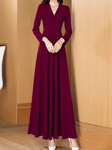 Women Plain V Neck Long Sleeve Comfy Casual Maxi Dress