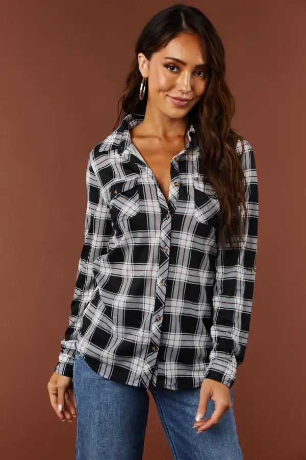 Black and Maroon Plaid Top with Chest Pocket