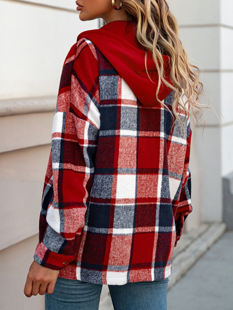 Fiery Red Hooded Plaid Button Front Shacket