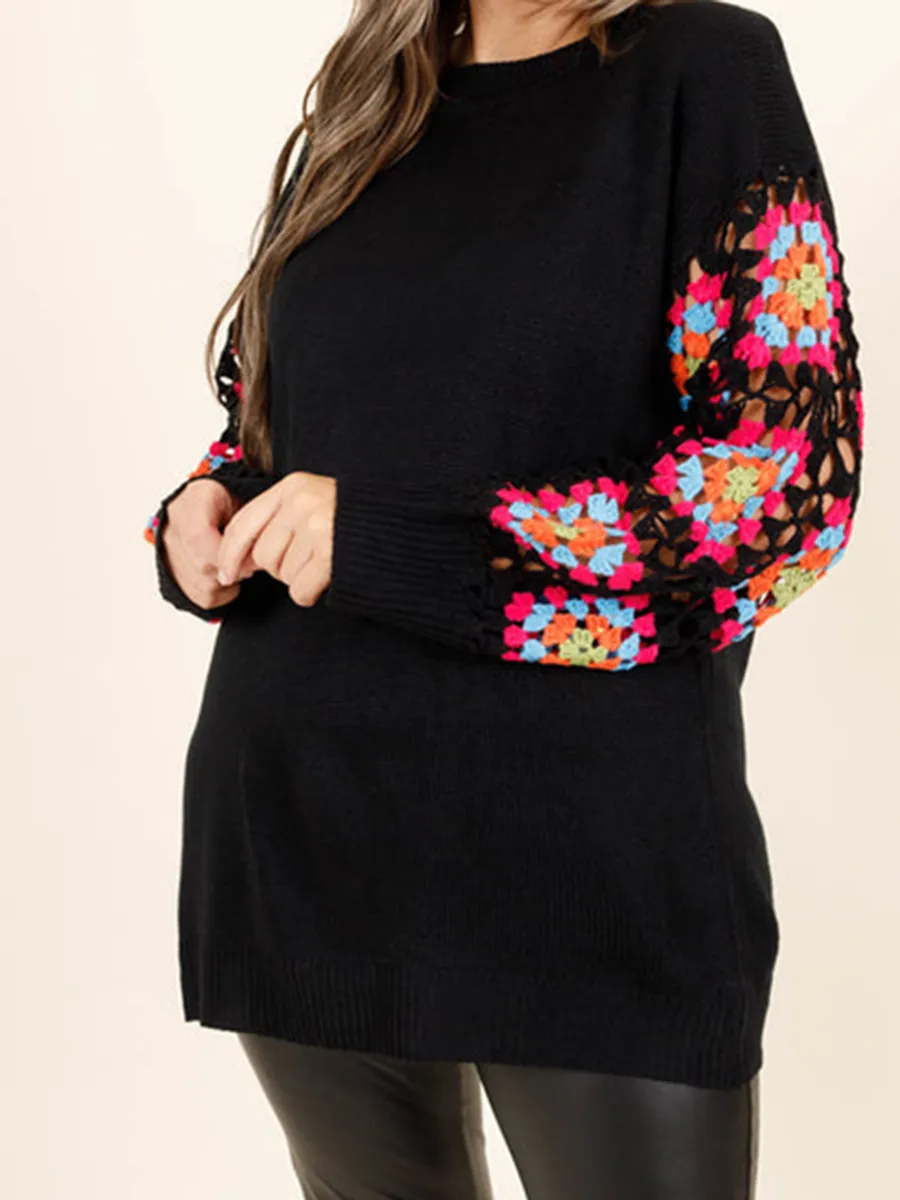 Black patchwork colorful embroidered sleeve sweater
