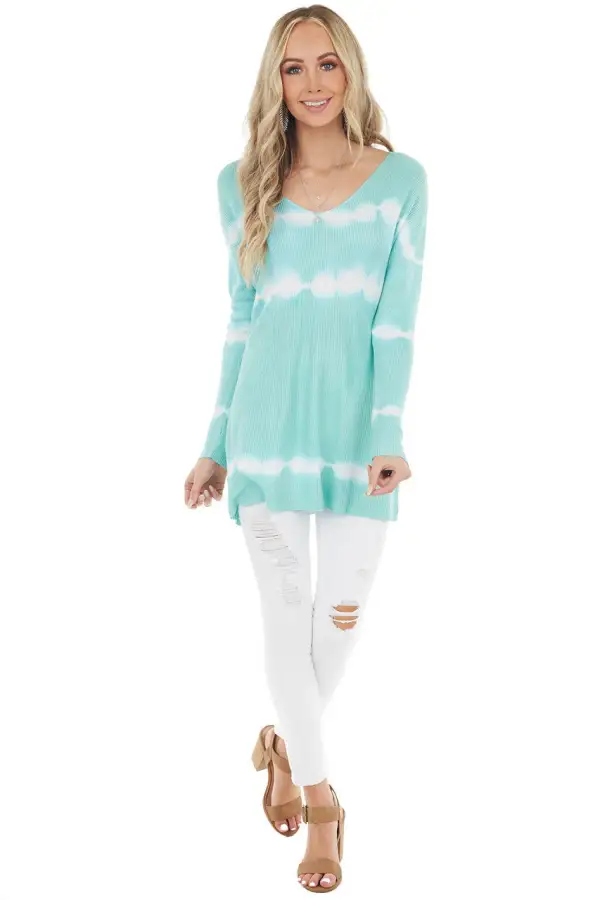 Aqua Striped Tie Dye Ribbed Knit Top with Long Sleeves