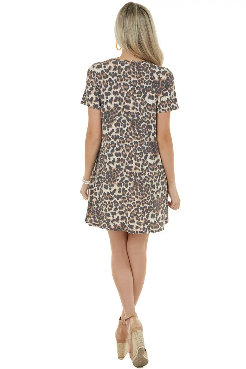 Beige Leopard Print Dress with Button Detail