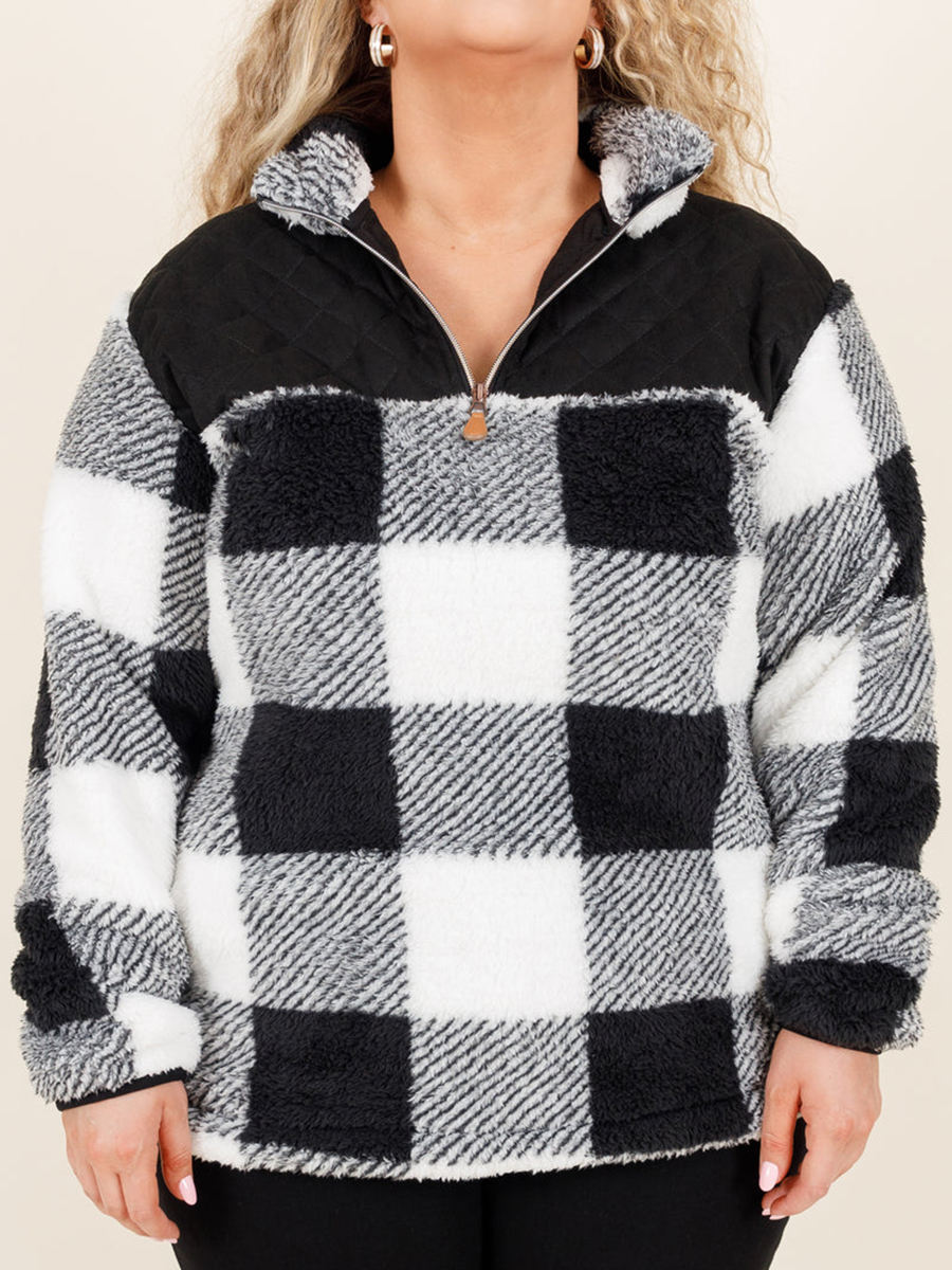Black and white plaid patchwork zippered hoodie