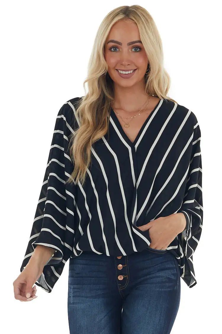 Black and Ivory Striped Surplice Neck Blouse