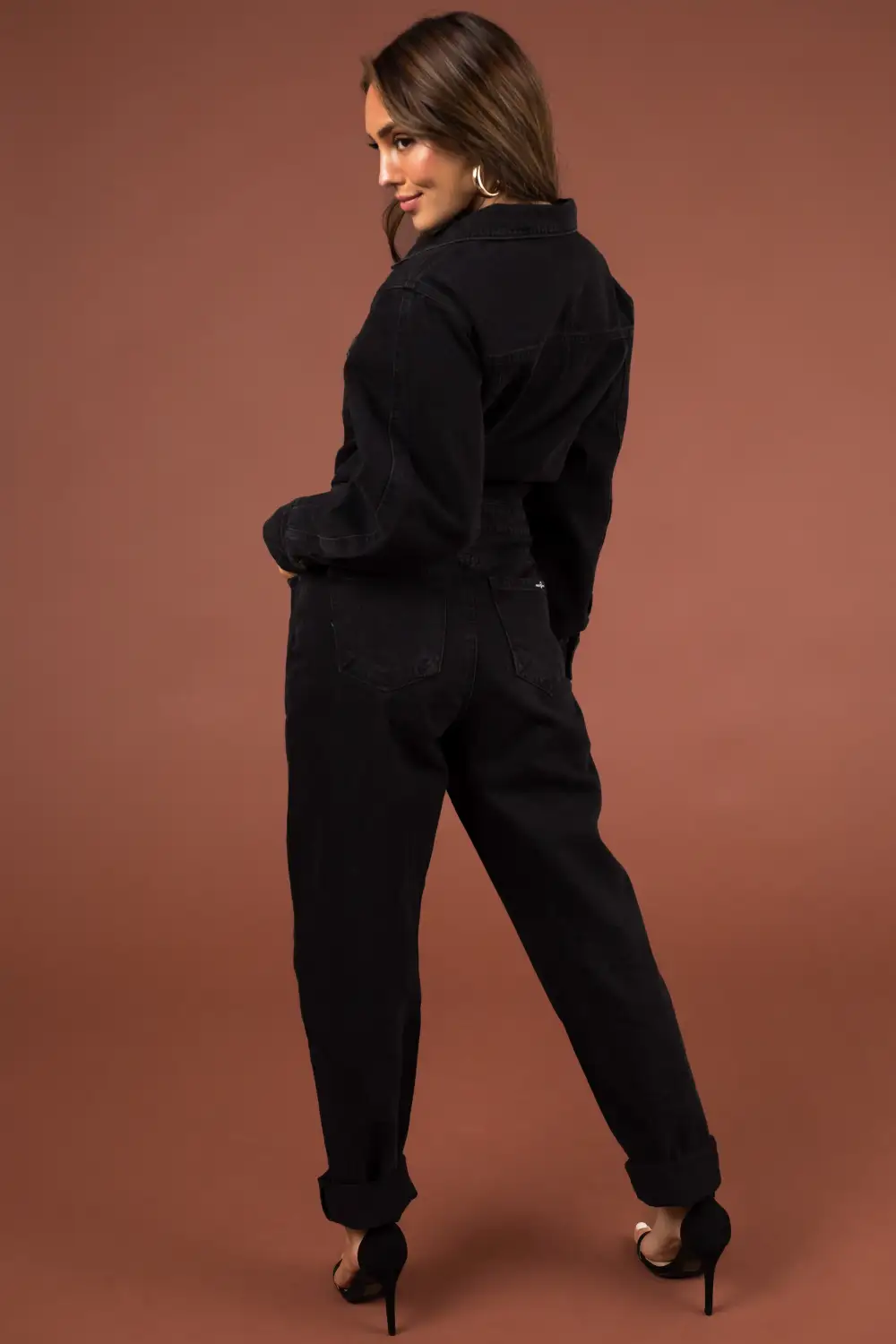 Black Button Up Long Sleeve Denim Jumpsuit