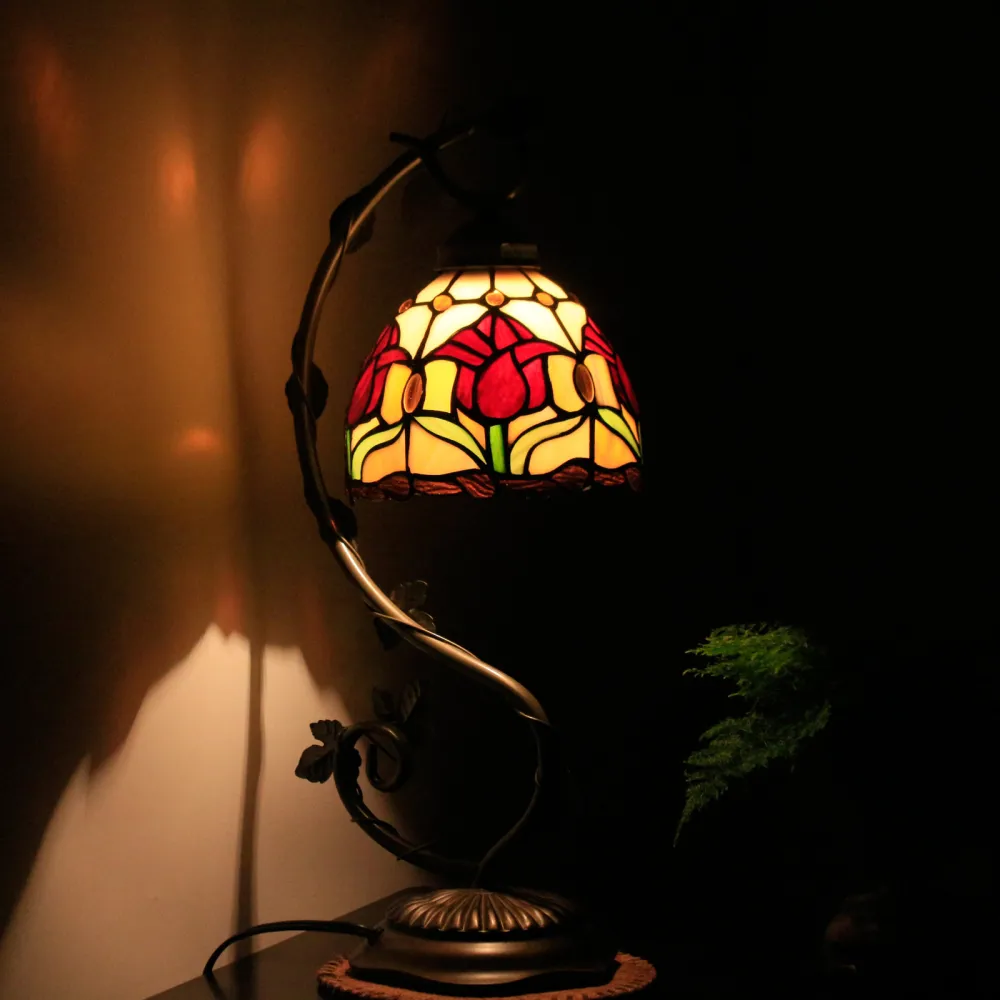 Tiffany Lamp Tulip Flower Stained Glass Style Table Reading Light W8H20 Inch (LED Bulb Included) S030 World Menagerie LAMPS Parent Lover Kid Friend Living Room Bedroom Coffee Bar Desk Bedside Antique Gifts