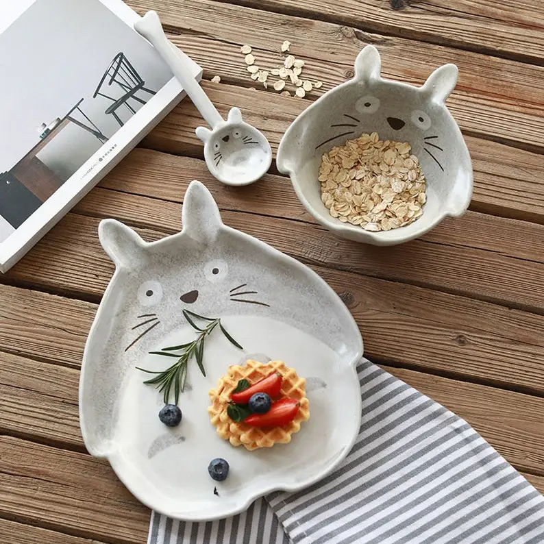 Ceramic Totoro Plate/ Steak Food Dish, Bowl, Spoon/ Cartoon Style Tableware Bowl, Dinner Dish/ High Quality Porcelain Dinnerware Set