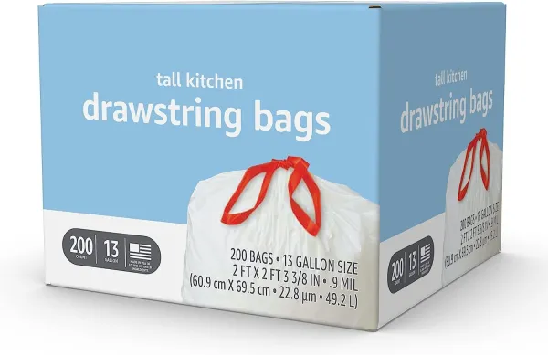 Basics Tall Kitchen Drawstring Trash Bags, 13 Gallon, Unscented, 120 Count (Previously Solimo)