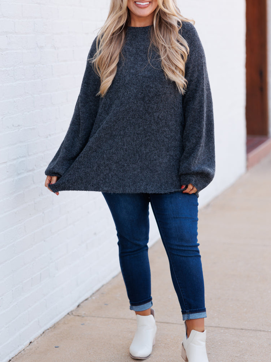 Dark gray lantern sleeved loose knit sweater