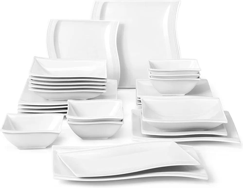 MALACASA Ivory White Dinnerware Sets, 60-Piece Square Dish Set for 12, Porcelain Dishes with Dinner Plates, Dessert Plates and Soup Plates, Cups and Saucers, Modern Dinnerware Oven Safe, Series Flora