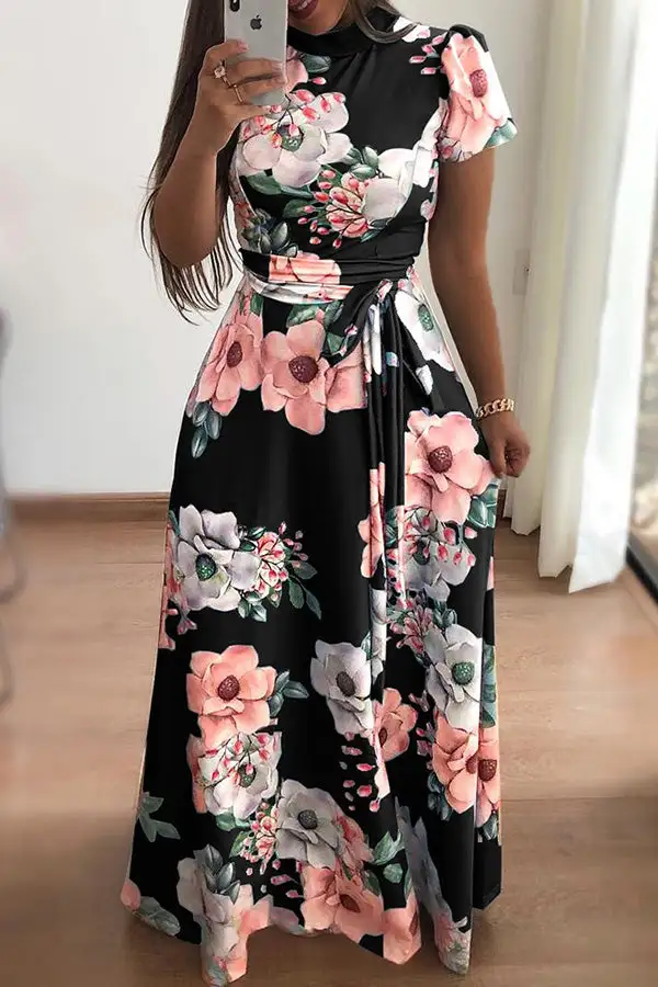 Flower Print Belted Swing Maxi Dress