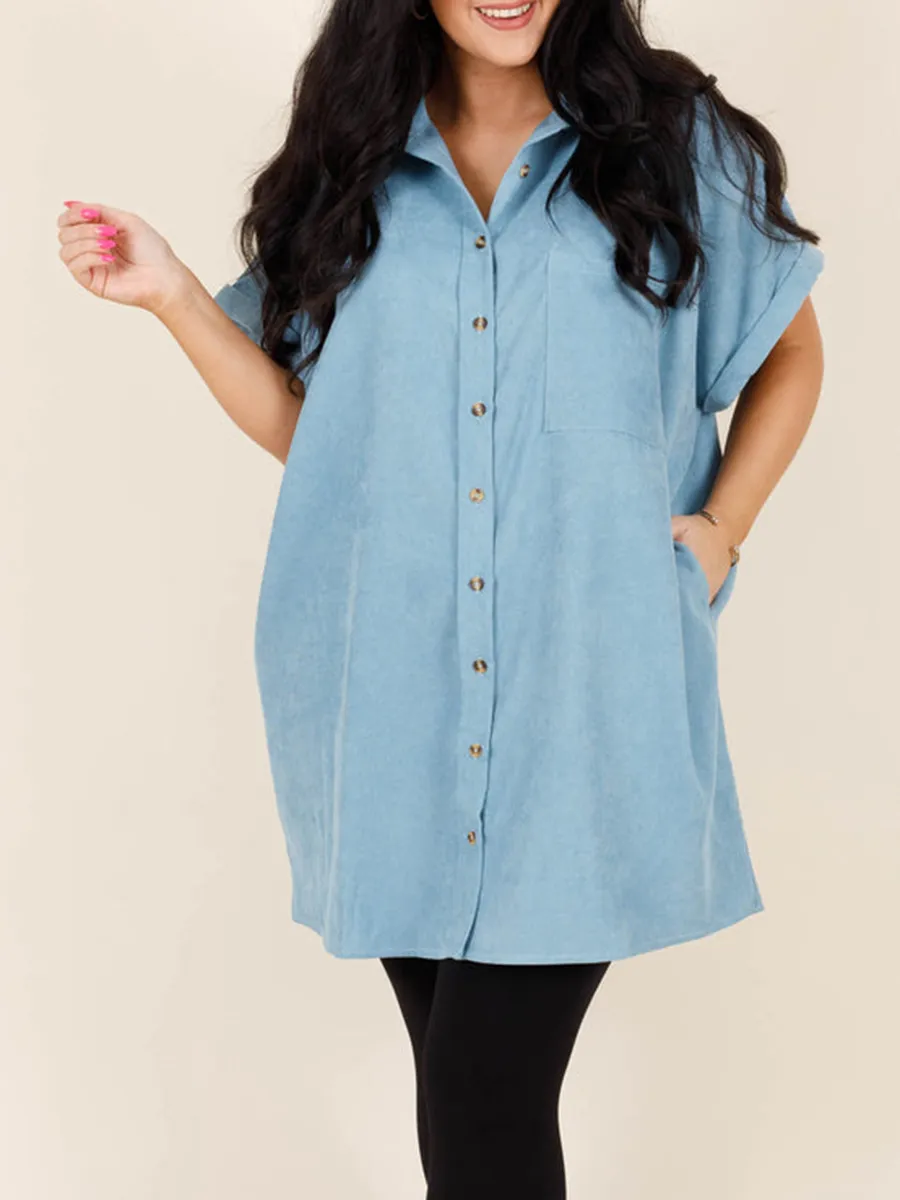 Blue patch pocket button loose fitting shirt