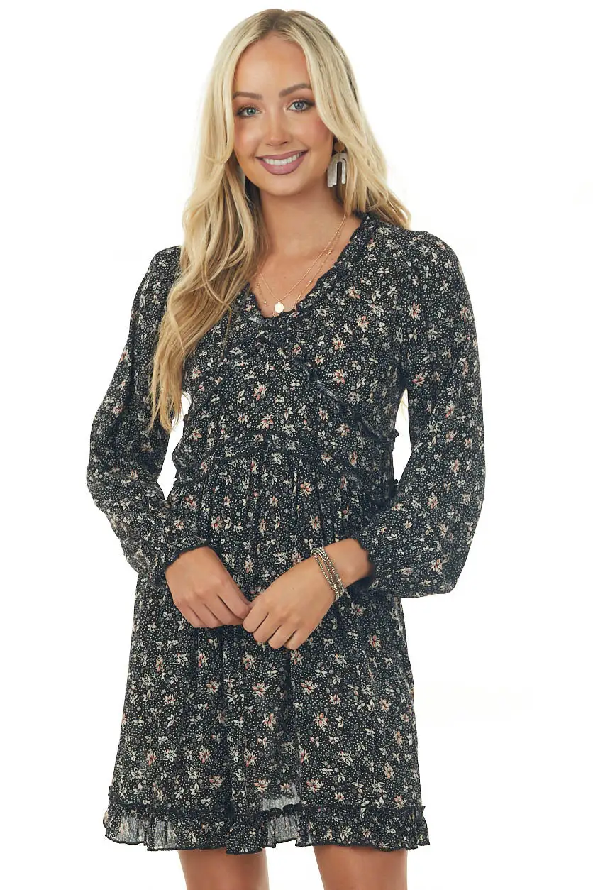 Black and Cream Ditsy Floral Babydoll Dress
