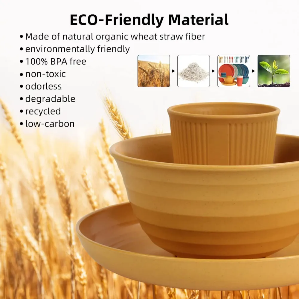 Wheat Straw Dinnerware Sets - SGAOFIEE 36 Piece Unbreakable Dinnerware Sets, Reusable Wheat Straw Plates and Bowls Sets, Travel Camping Cutlery Set, Dishwasher Microwave Safe Dinnerware